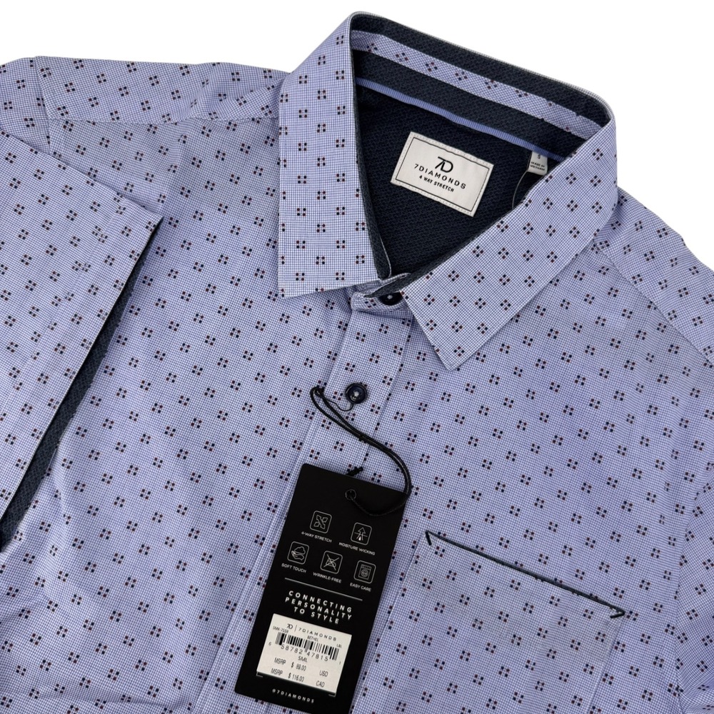 7Diamonds Bethel Mens Small Blue Geometric 4-Way Stretch Short Sleeve Shirt NWT